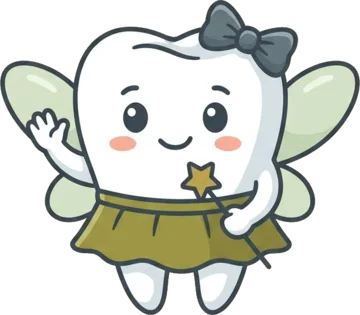 The Tooth Fairy — a smiling little tooth with wings and a magic wand